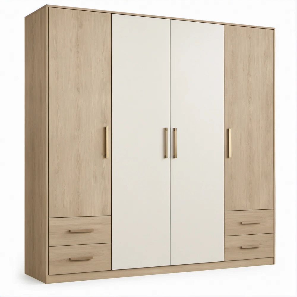 White and Light Oak 4-Door Wardrobe with 4 Drawers, 78.7 x 20.5 x 78.7 in