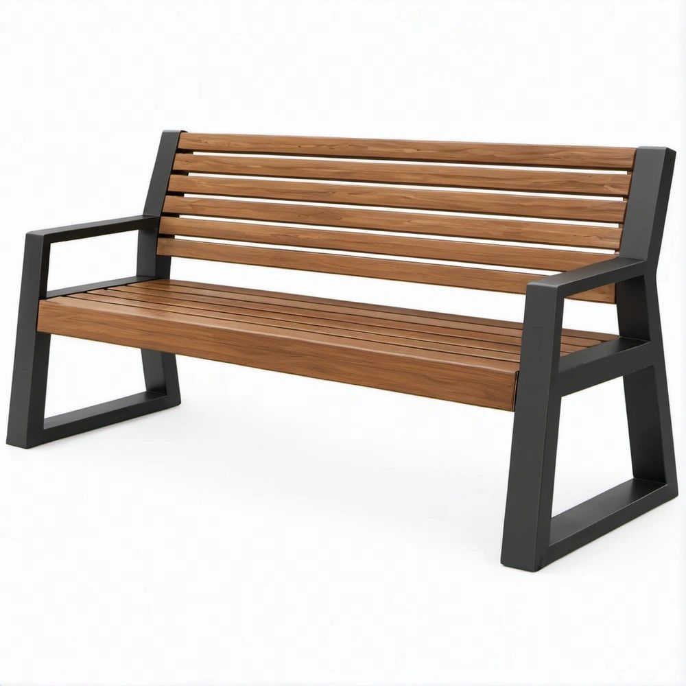 2-Seat Outdoor Acacia Wood and Black Steel Bench, 47.2 x 25.6 x 33.5 in