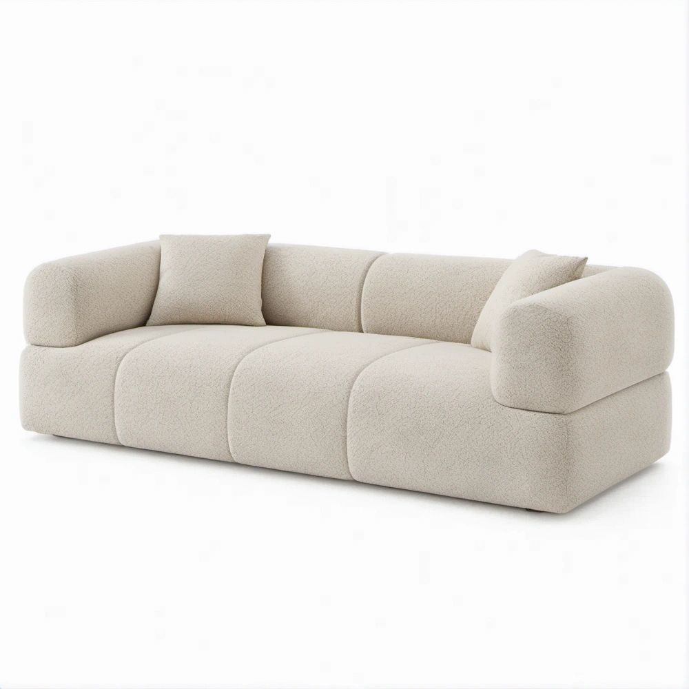 3-Seat Curved Boucle Sofa with 2 Pillows, 90 x 40 x 30 in, Cream
