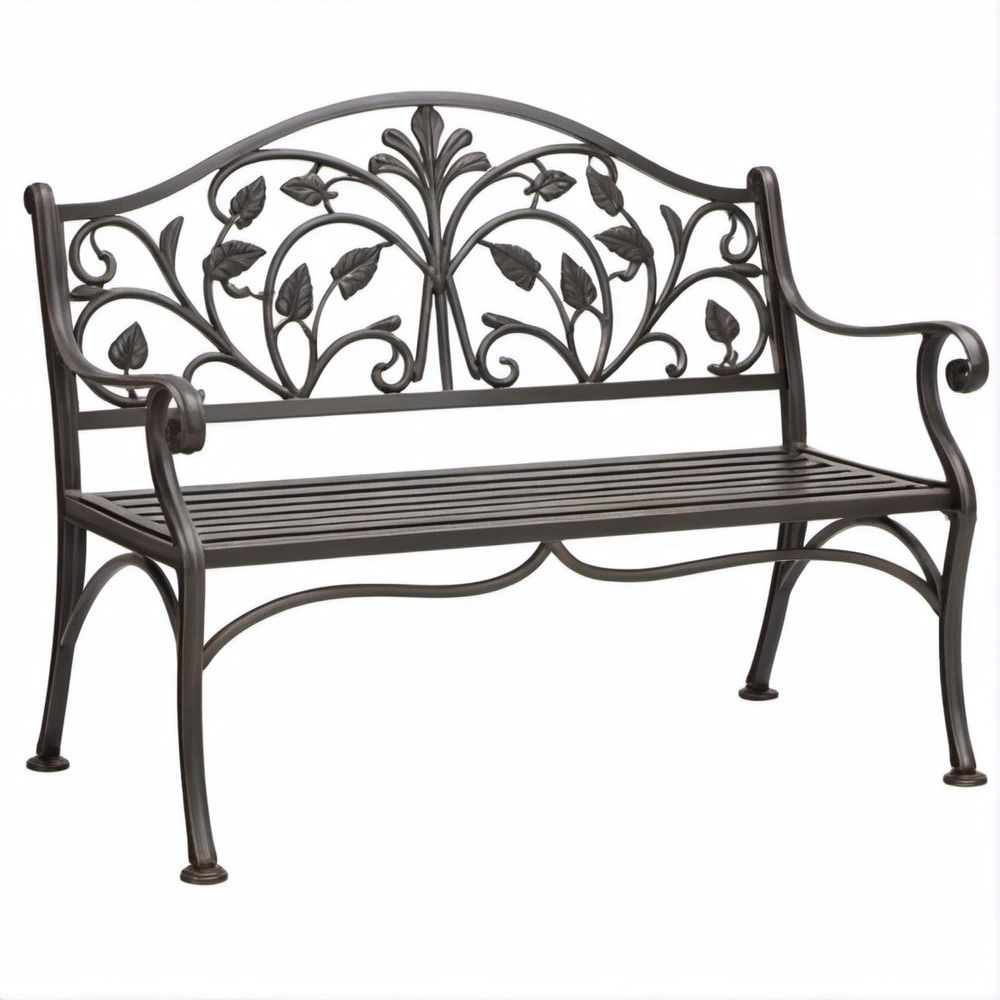 Dark Bronze Cast Aluminum Outdoor Garden Bench with Floral Backrest, 50 x 22 x 36 in