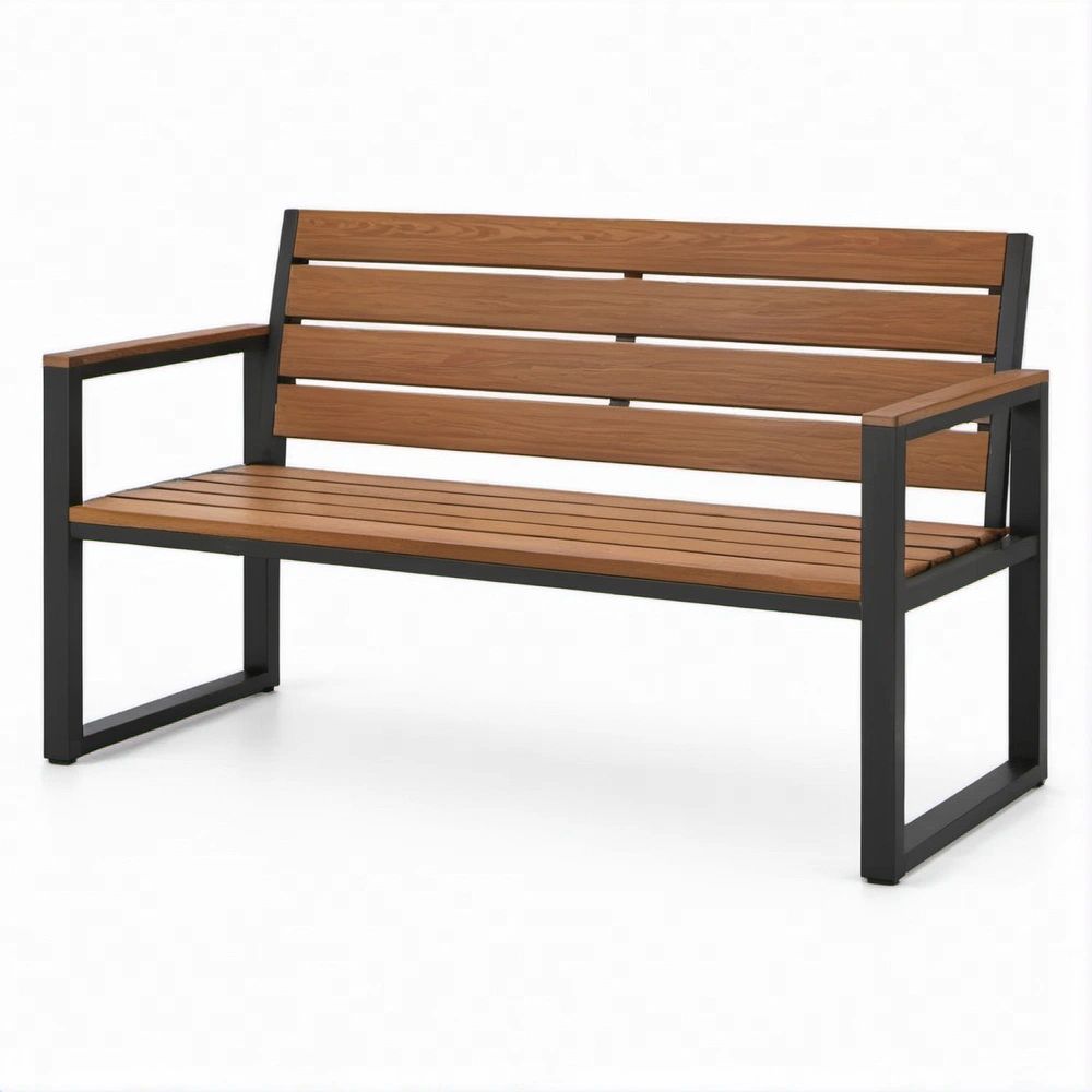Outdoor Acacia Wood Bench with Armrests, Brown/Black, 47.2 x 23.6 x 31.5 in