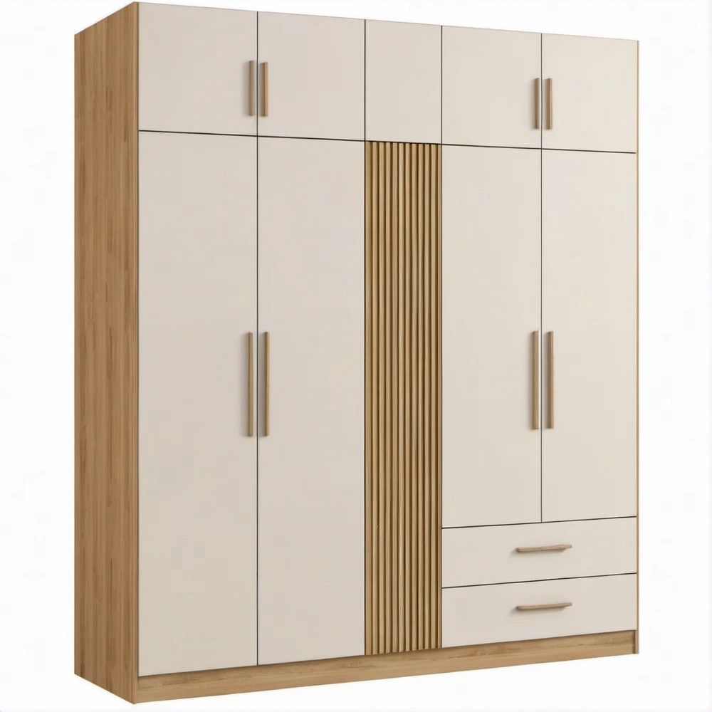 Freestanding 8-Door White and Oak Wardrobe with 2 Drawers, 70.9 x 19.7 x 86.6 in