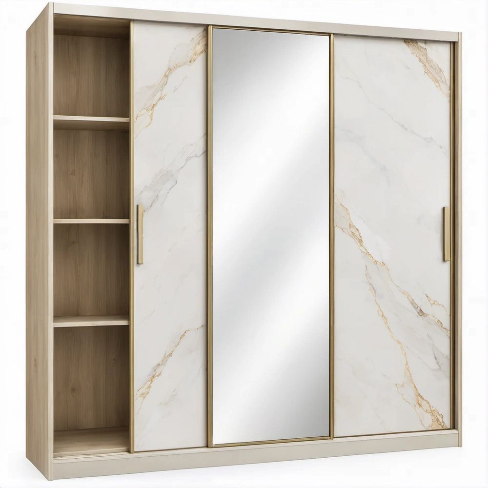 White and Light Oak Sliding Door Wardrobe with Mirror, Open Shelves and Gold Trim, 70.9 x 23.6 x 78.7 in