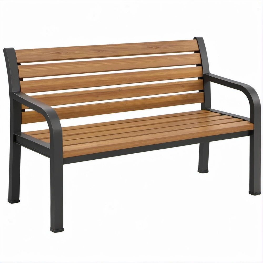 Outdoor Garden Bench with Backrest, Brown Acacia Wood and Black Steel Frame, 50 x 25 x 34 in