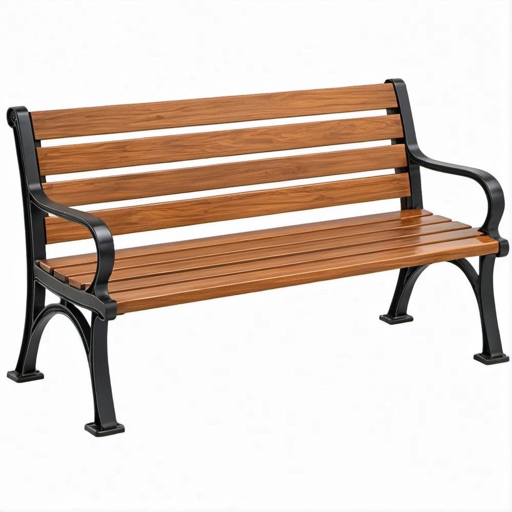 3-Seat Outdoor Bench, Brown Solid Hardwood and Black Powder-Coated Steel, 59.1 x 24.4 x 32.3 in