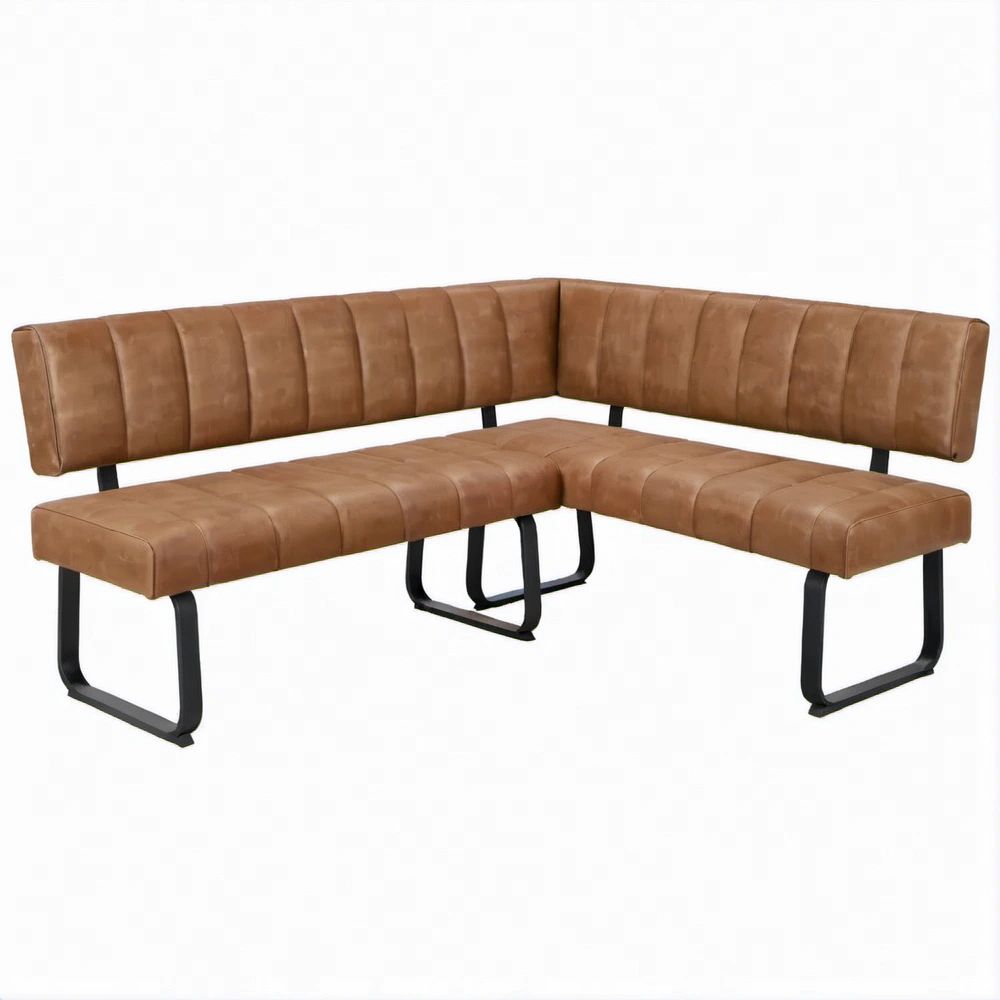Brown Faux Leather L-Shaped Corner Bench with Black Steel Frame, 70.9 x 55.1 x 32.7 in