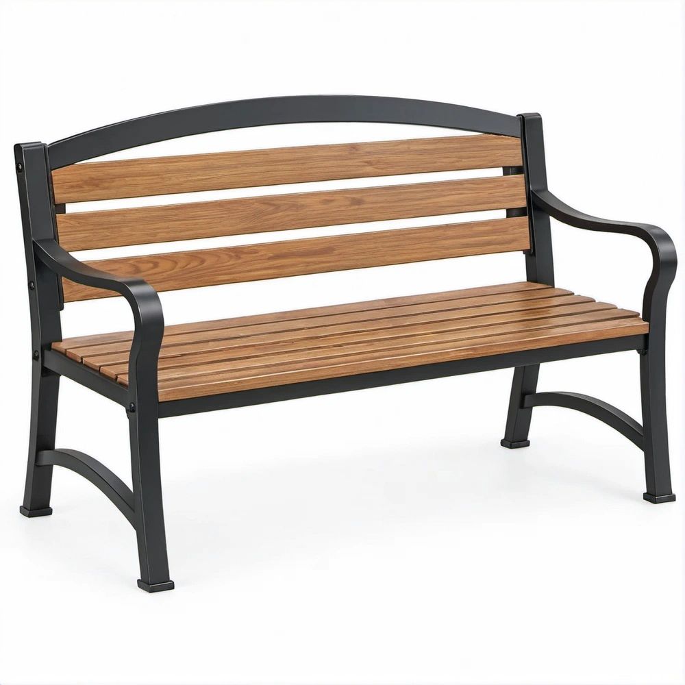 Outdoor Garden Bench, Brown Solid Acacia Wood and Black Powder-Coated Steel, 49.6 x 24 x 35.4 in