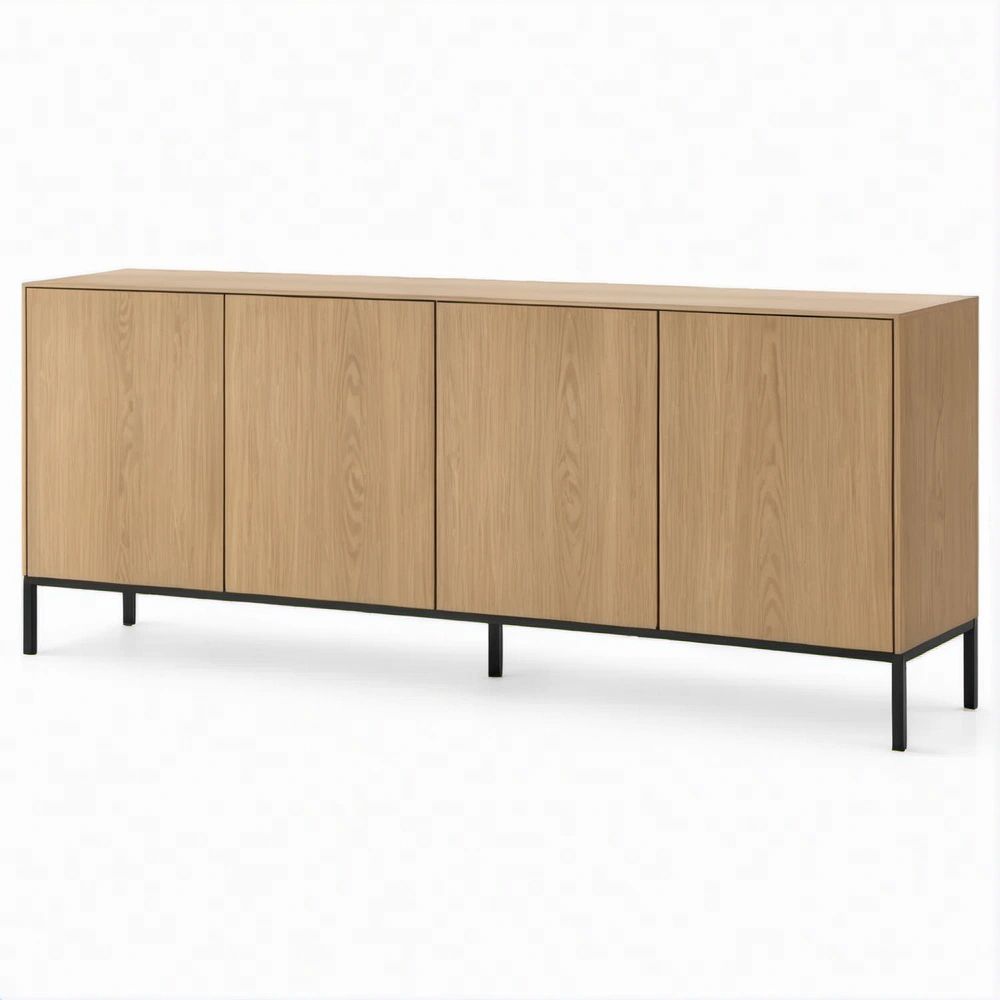 Modern 4-Door Natural Oak Veneer Sideboard with Black Steel Legs, 78.7 x 17.7 x 31.5 in