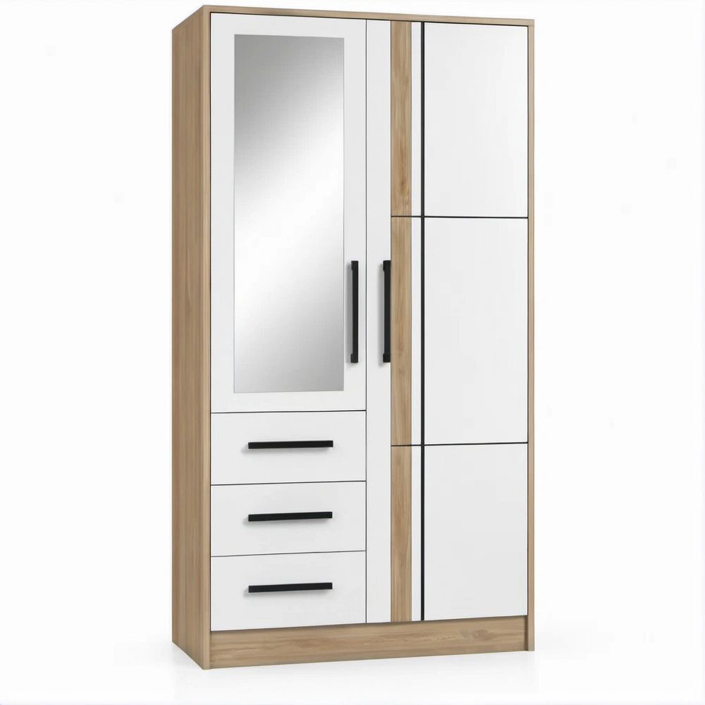 White and Oak 2-Door Wardrobe with Mirror and 3 Drawers, 47.2 x 20.5 x 78.7 in