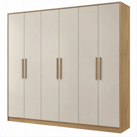 Six-Door White and Oak Engineered Wood Wardrobe, 94.5 in W x 23.6 in D x 86.6 in H
