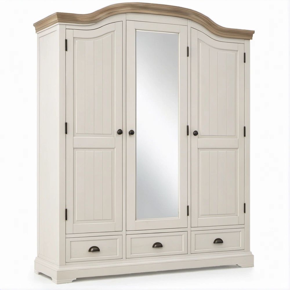 3-Door Cream Wardrobe with Center Mirror, 3 Drawers and Light Brown Crown Trim, 59.1 x 23.6 x 78.7 in