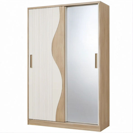 47.2 x 23.6 x 78.7 in Light Oak, White and Silver Sliding Door Unit with Full-Length Mirror
