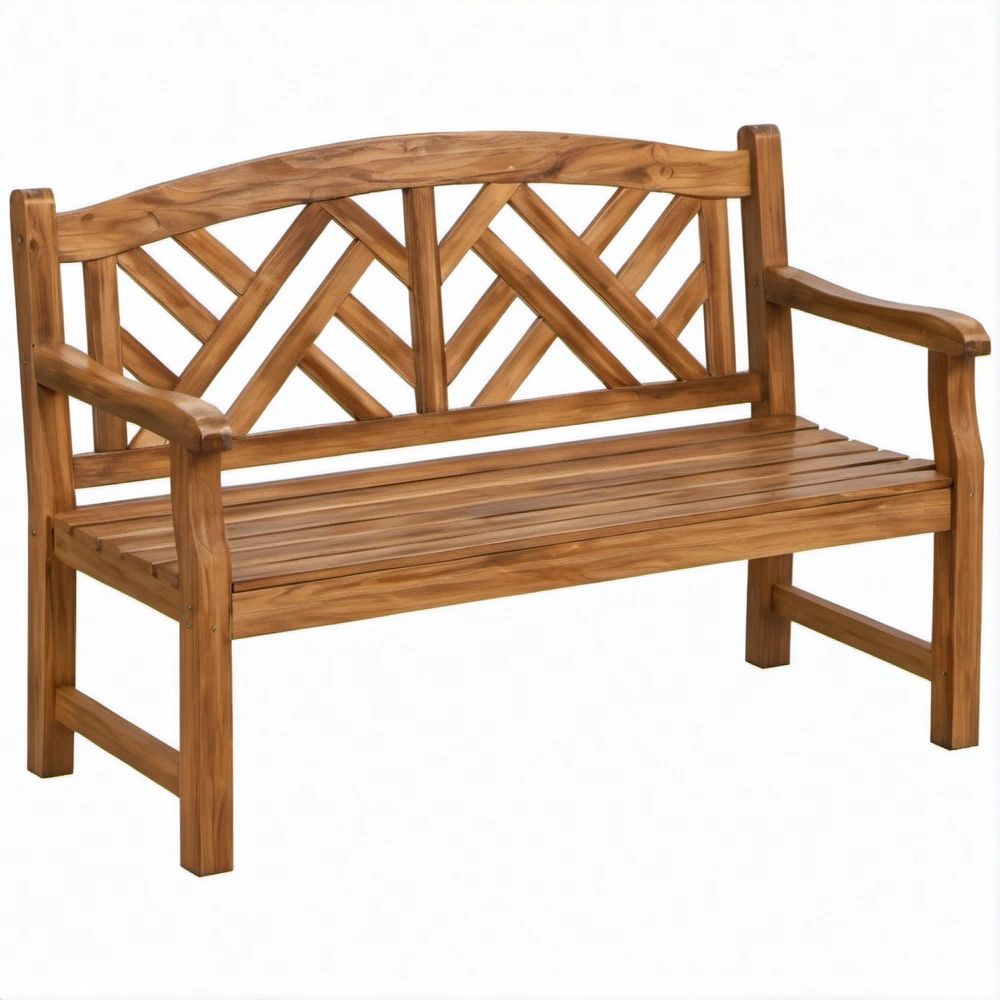 Outdoor Acacia Wood Garden Bench with Lattice Backrest and Armrests, Natural Brown, 47.2 x 24.8 x 35.4 in