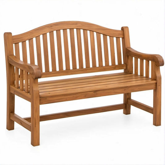 Curved Solid Acacia Wood Outdoor Bench with Armrests, Honey Brown, 47.2 x 25.6 x 37.4 in