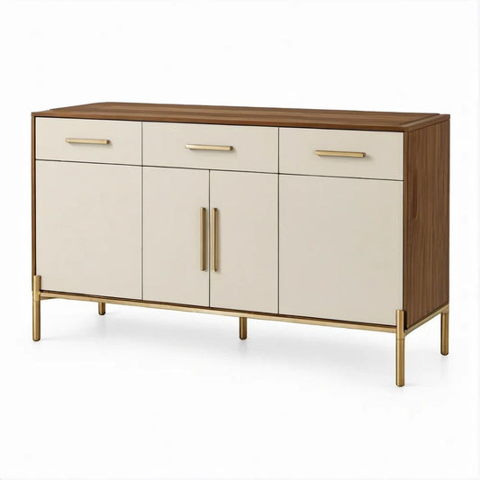 Mid-Century Modern Walnut, Cream and Gold Storage Sideboard, 63 in W x 16 in D x 34 in H