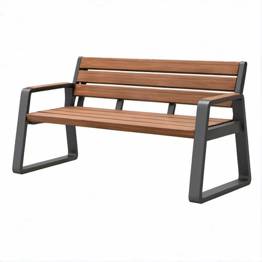 47.2 in Outdoor Acacia Wood and Powder-Coated Steel Garden Bench with Arms, Brown/Black