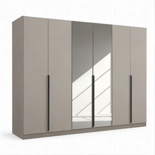 6-Door Gray Wardrobe with 2 Full-Length Mirror Doors, 118.1 x 23.6 x 78.7 in