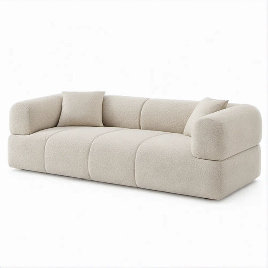 3-Seat Curved Boucle Sofa with 2 Pillows, 90 x 40 x 30 in, Cream