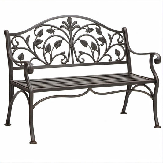 Dark Bronze Cast Aluminum Outdoor Garden Bench with Floral Backrest, 50 x 22 x 36 in