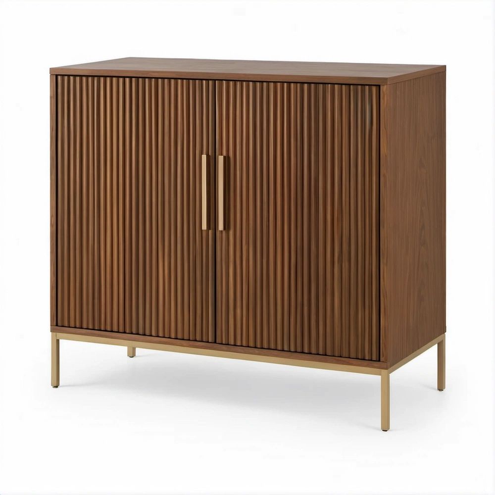 Fluted 2-Door Accent Cabinet, Brown Walnut Veneer and Gold, 32 x 16 x 36 in