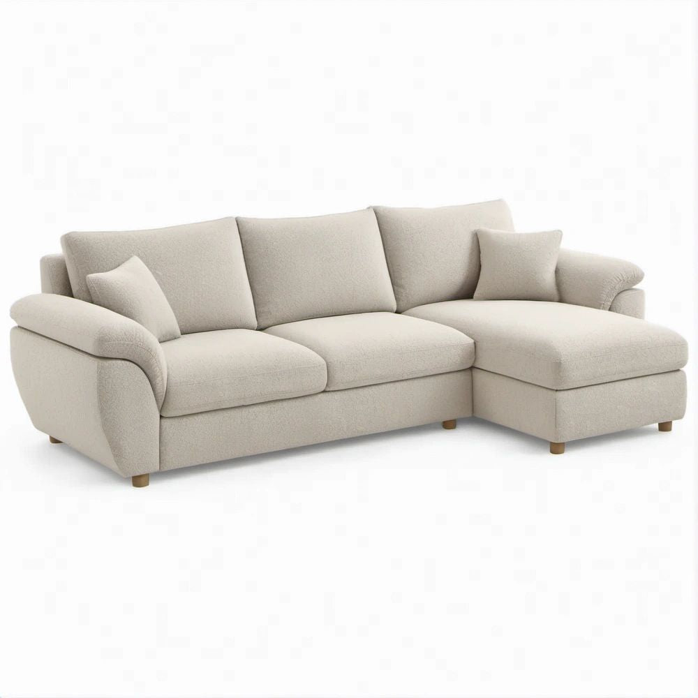 Beige Boucle L-Shaped Sectional with Right Chaise, 112 in W x 65 in D x 34 in H