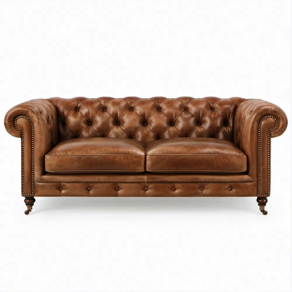 Chesterfield Rolled-Arm Brown PU Leather Loveseat, 74 x 37 x 30 in