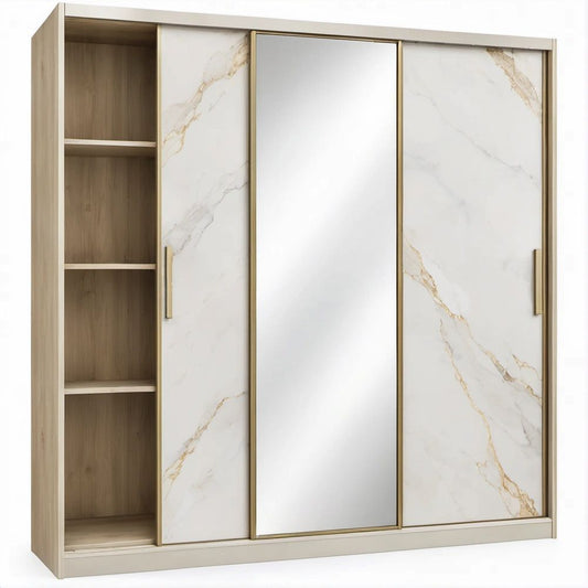 White and Light Oak Sliding Door Wardrobe with Mirror, Open Shelves and Gold Trim, 70.9 x 23.6 x 78.7 in