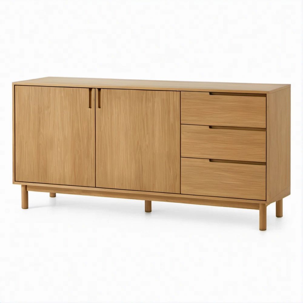 Natural Oak Sideboard Storage Cabinet with 2 Doors and 3 Drawers, 63 x 18 x 34 in