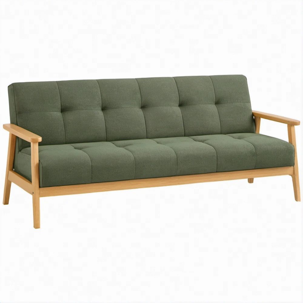 Mid-Century Modern 3-Seat Green Polyester Upholstered Sofa with Natural Rubberwood Frame, 79.1 x 31.5 x 33.9 in