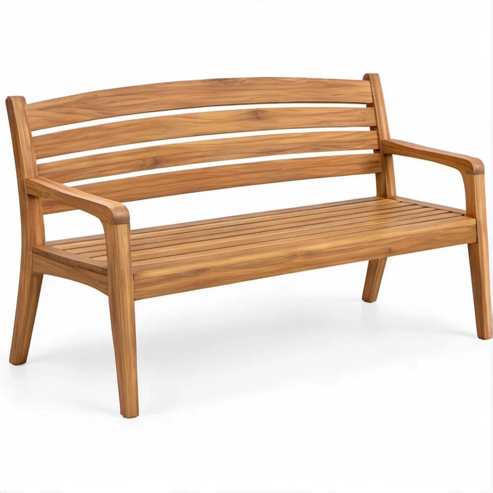 Natural Teak Brown 2-Seat Curved Back Teak Wood Bench with Armrests, 47.2 x 24 x 35.4 in