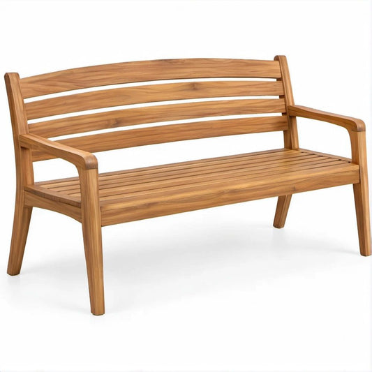 Natural Teak Brown 2-Seat Curved Back Teak Wood Bench with Armrests, 47.2 x 24 x 35.4 in