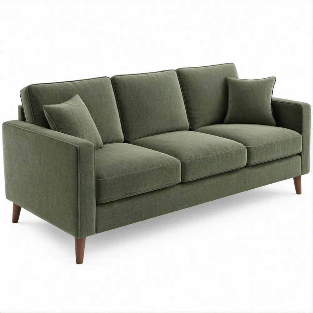 Olive Green Polyester Velvet Sofa with Dark Brown Wood Legs, 85 x 35 x 34 in