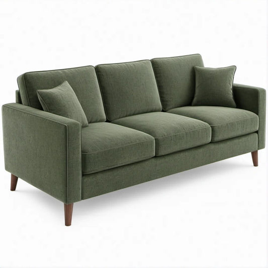 Olive Green Polyester Velvet Sofa with Dark Brown Wood Legs, 85 x 35 x 34 in