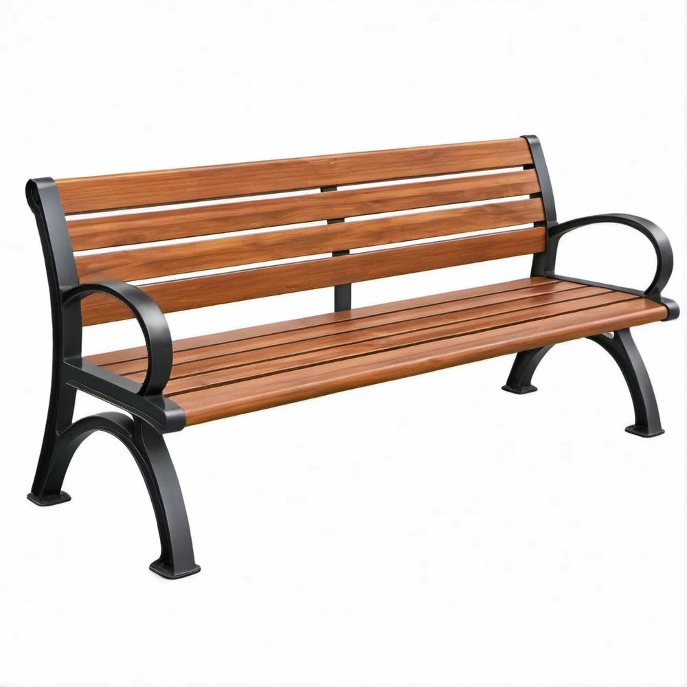 Outdoor 3-Seat Hardwood Slat Bench with Black Cast Iron Frame, Brown/Black, 59.1 x 23.6 x 31.5 in