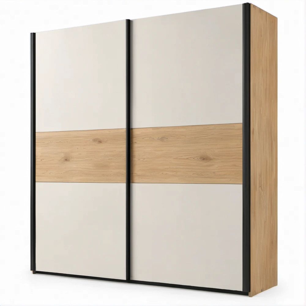 59.1 x 23.6 x 78.7 in Sliding Door Wardrobe, White, Natural Oak and Black