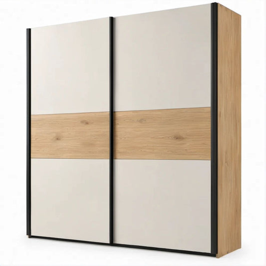59.1 x 23.6 x 78.7 in Sliding Door Wardrobe, White, Natural Oak and Black