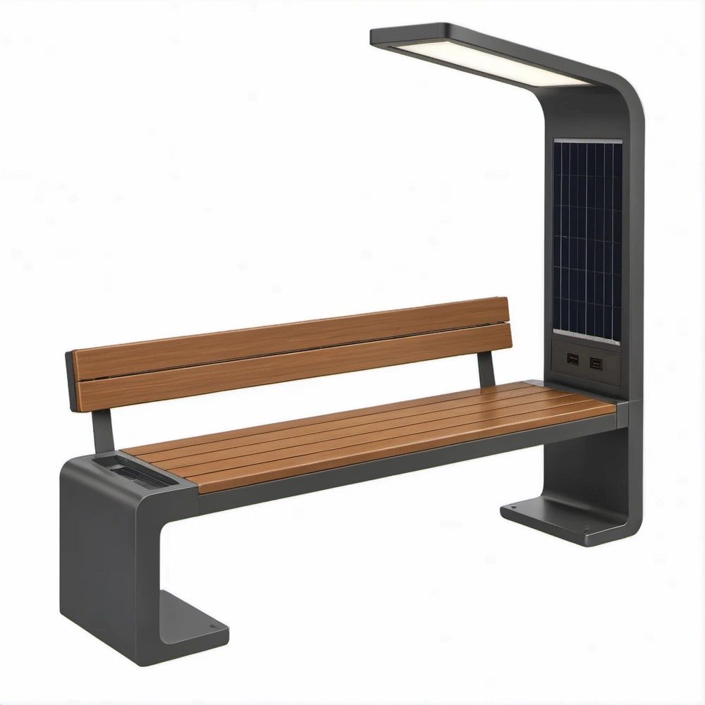 Solar-Powered Outdoor Charging Bench with LED Light, Brown/Black Steel and WPC, 70.9 x 23.6 x 82.7 in