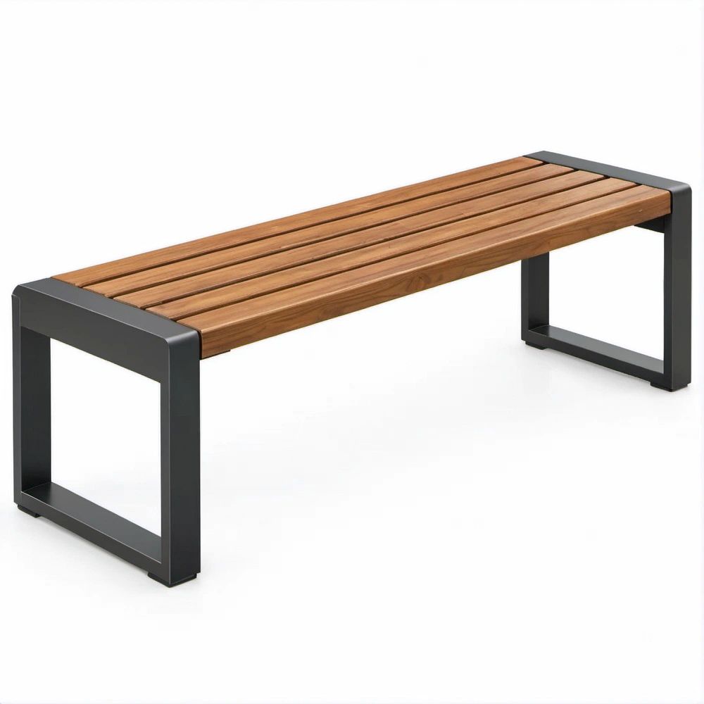 Brown Acacia Wood and Black Powder-Coated Steel Backless Bench, 47.2 x 15.7 x 17.7 in