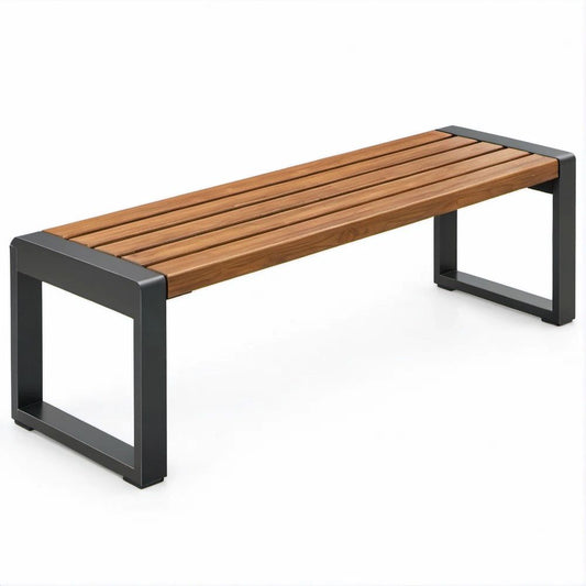 Brown Acacia Wood and Black Powder-Coated Steel Backless Bench, 47.2 x 15.7 x 17.7 in