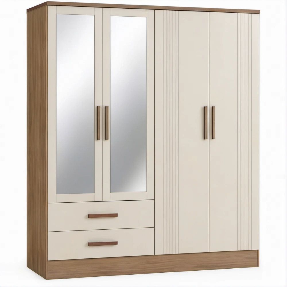 4-Door Cream and Walnut Wardrobe with Mirrors and 2 Drawers, 63 x 20 x 79 in