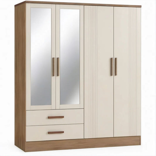4-Door Cream and Walnut Wardrobe with Mirrors and 2 Drawers, 63 x 20 x 79 in