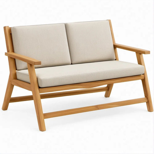 Natural Solid Wood Outdoor Loveseat with Beige Cushions, 48 x 29 x 32 in