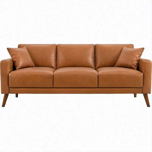 83 in Cognac Faux Leather 3-Seat Sofa with Dark Brown Rubberwood Legs