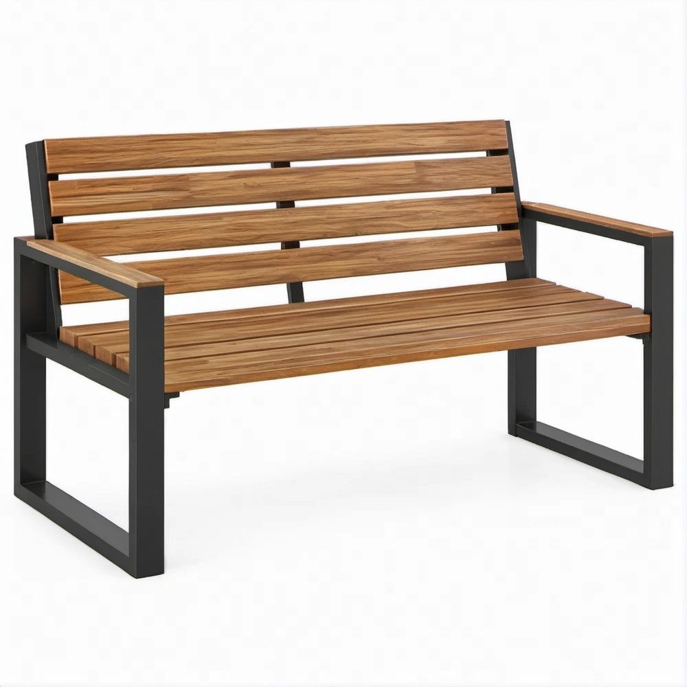 48 x 24 x 35 in Acacia Wood Slat Outdoor Bench with Arms, Brown and Black Steel Frame