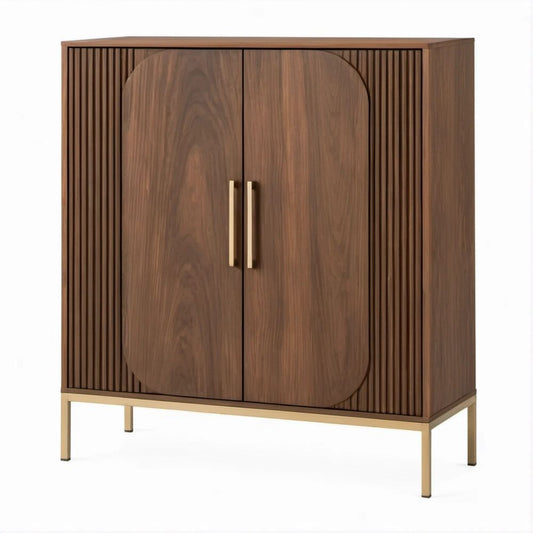 36 x 18 x 48 in Brown Walnut Veneer Two-Door Storage Cabinet with Brass Gold Steel Base