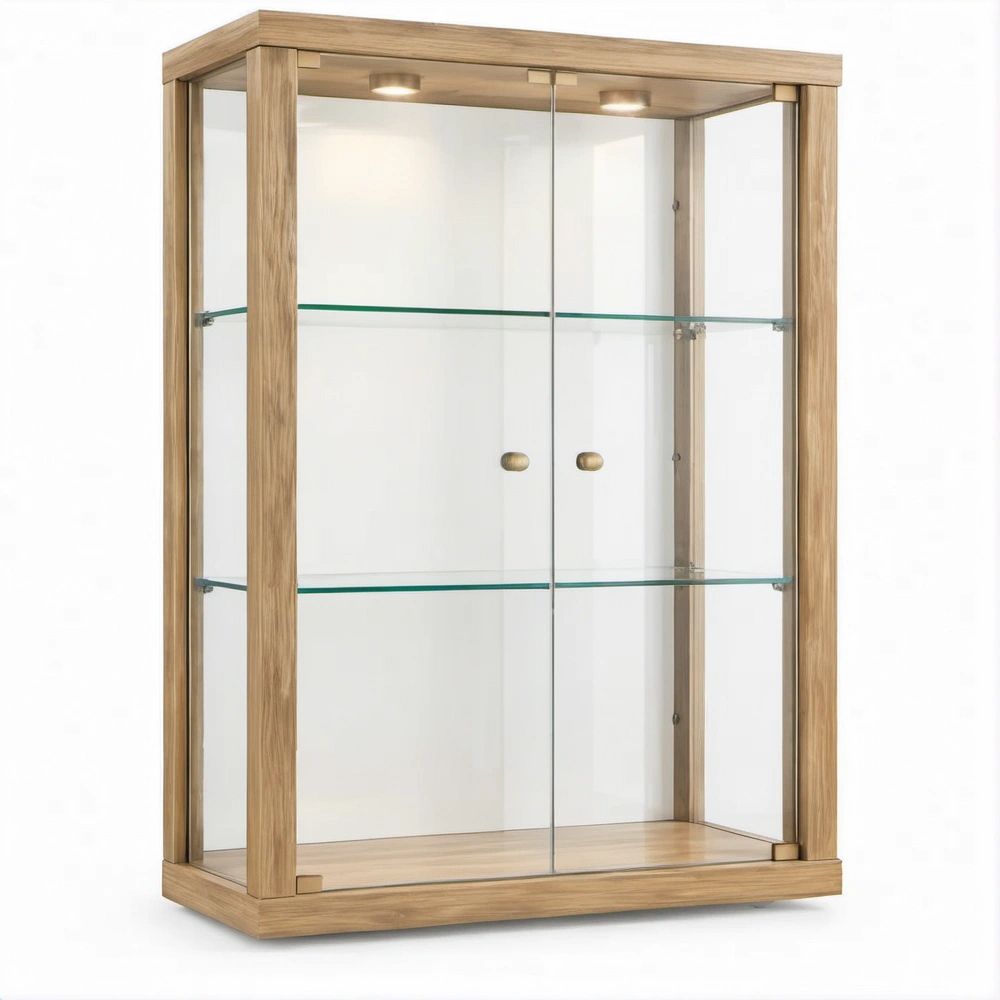 Natural Oak Veneer Glass Display Cabinet with 2 Doors and Lights, 32 x 16 x 48 in
