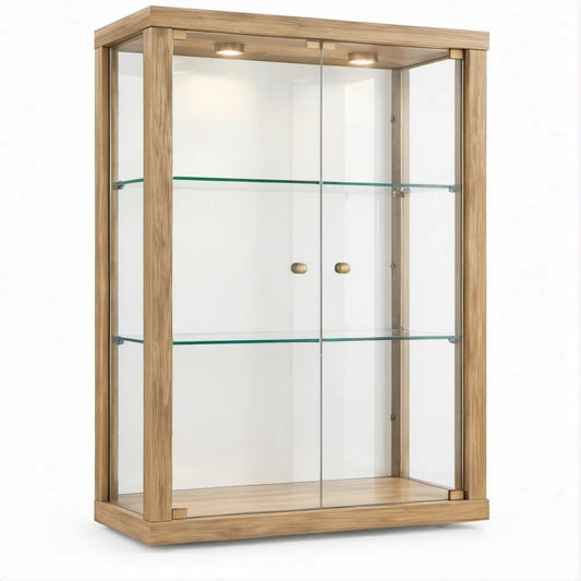 Natural Oak Veneer Glass Display Cabinet with 2 Doors and Lights, 32 x 16 x 48 in