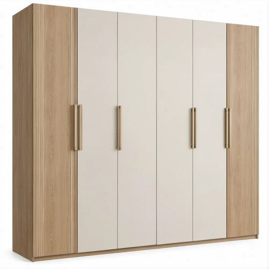6-Door White and Light Oak Wardrobe, 94.5 in W x 23.6 in D x 86.6 in H