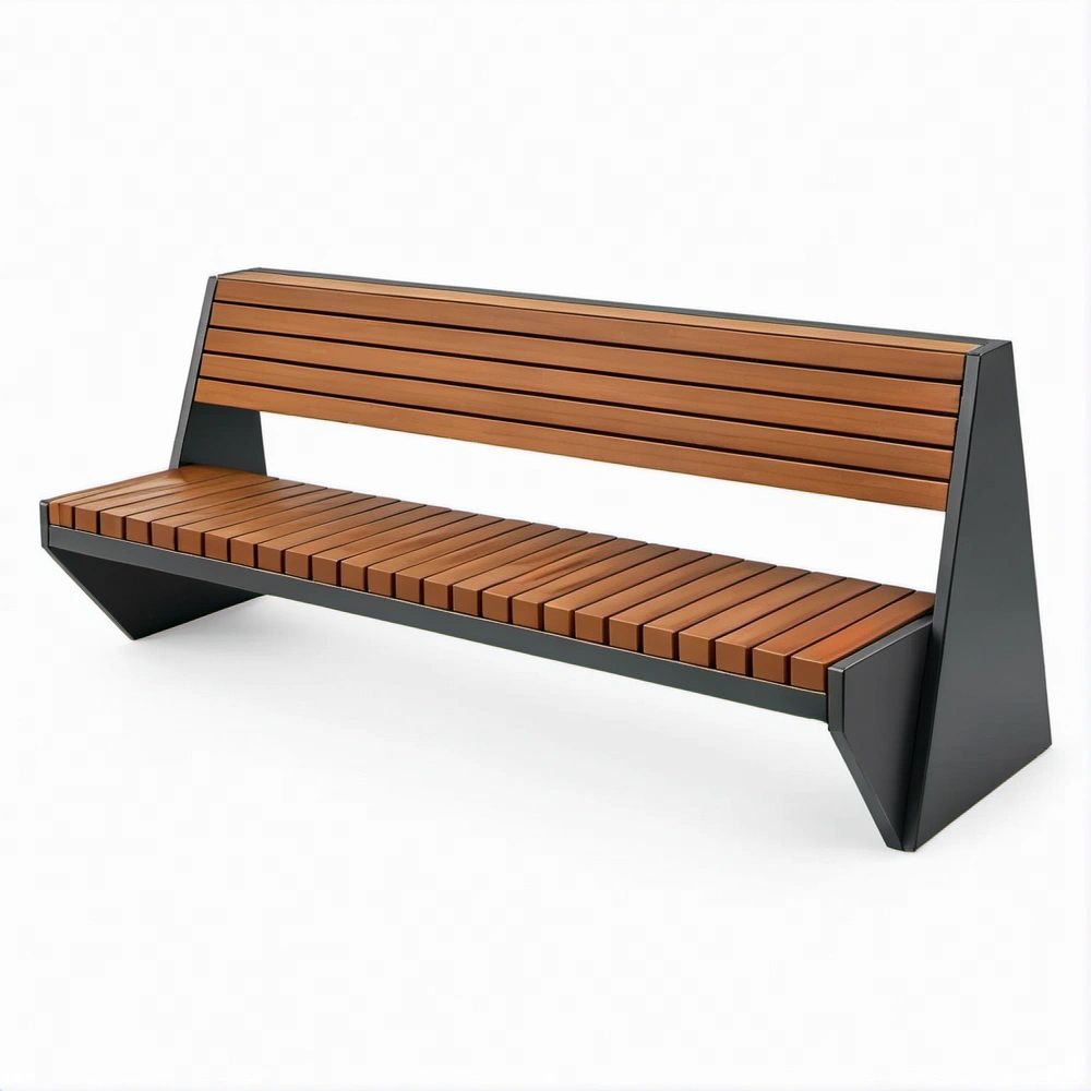 Outdoor Bench with Backrest, Brown Solid Hardwood Slats and Black Powder-Coated Steel Frame, 70.9 x 23.6 x 30.7 in