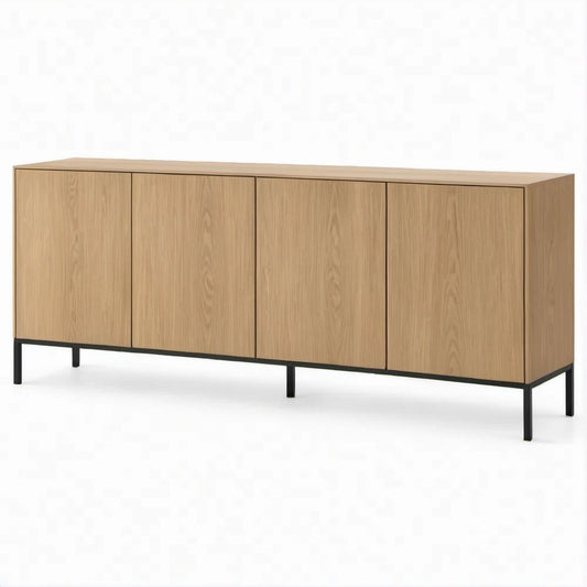 Modern 4-Door Natural Oak Veneer Sideboard with Black Steel Legs, 78.7 x 17.7 x 31.5 in